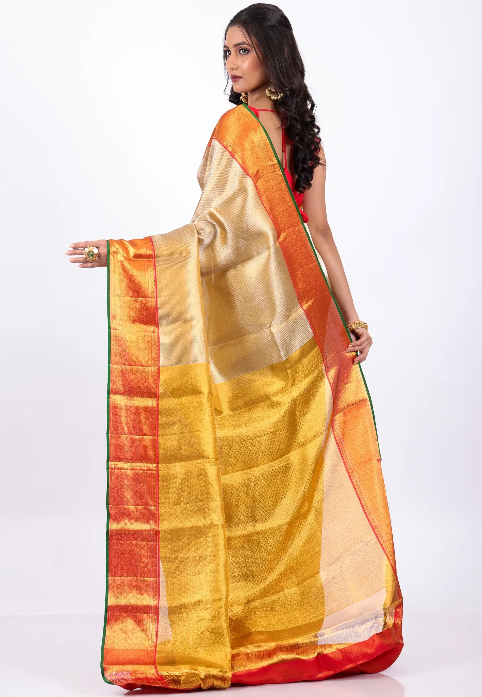 Golden Pure Tissue Kanjivaram Silk Saree With Blouse Piece - Adi Akshoy & Co.