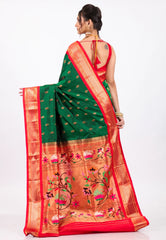 Bottle Green with Red Border Pure Paithani Silk Saree With Blouse Piece - Adi Akshoy & Co.
