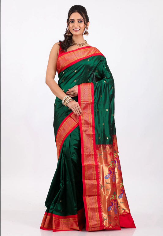 Bottle Green with Red Border Pure Paithani Silk Saree With Blouse Piece - Adi Akshoy & Co.