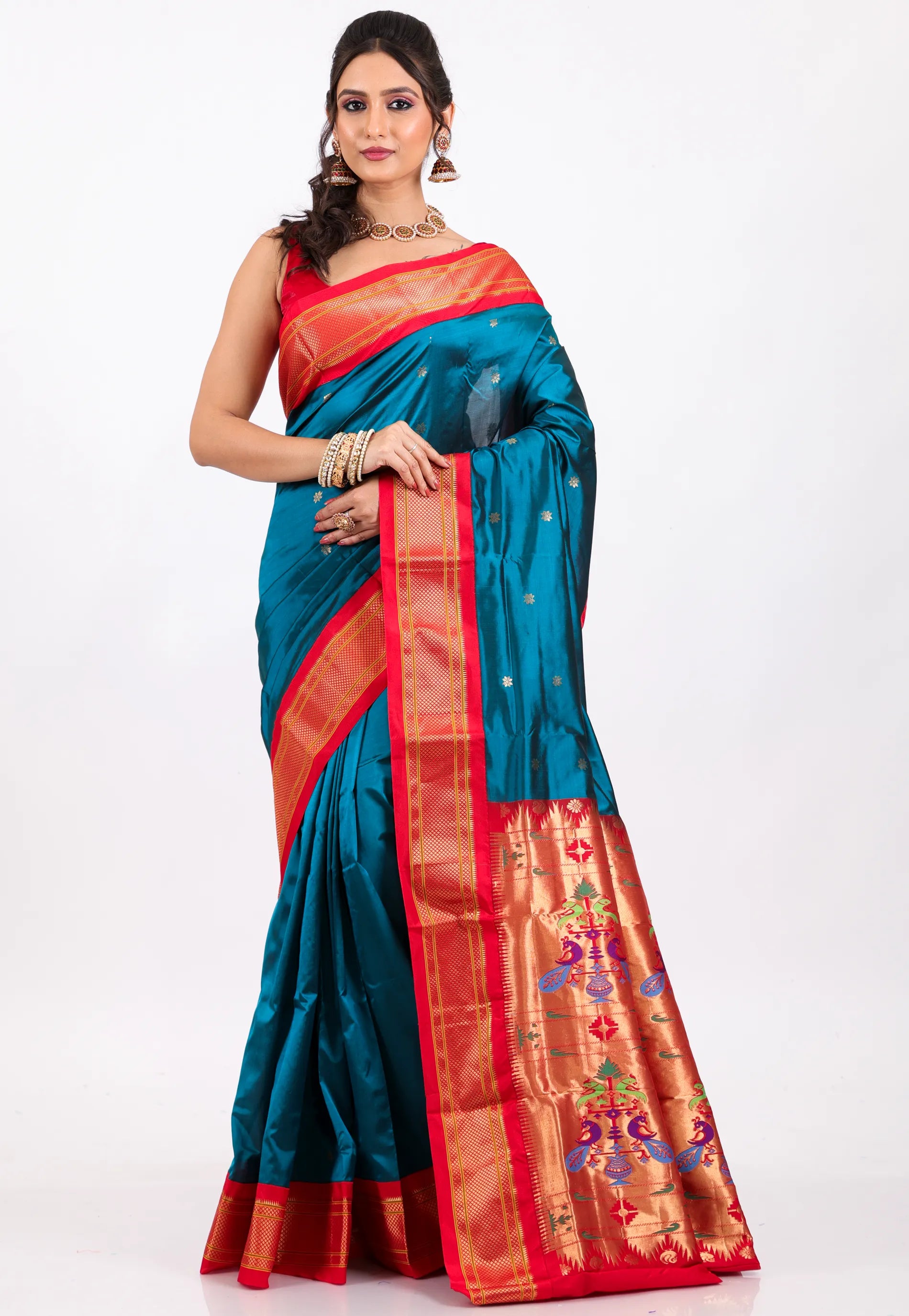 Peacock Blue with Red Border Pure Paithani Silk Saree With Blouse Piece - Adi Akshoy & Co.