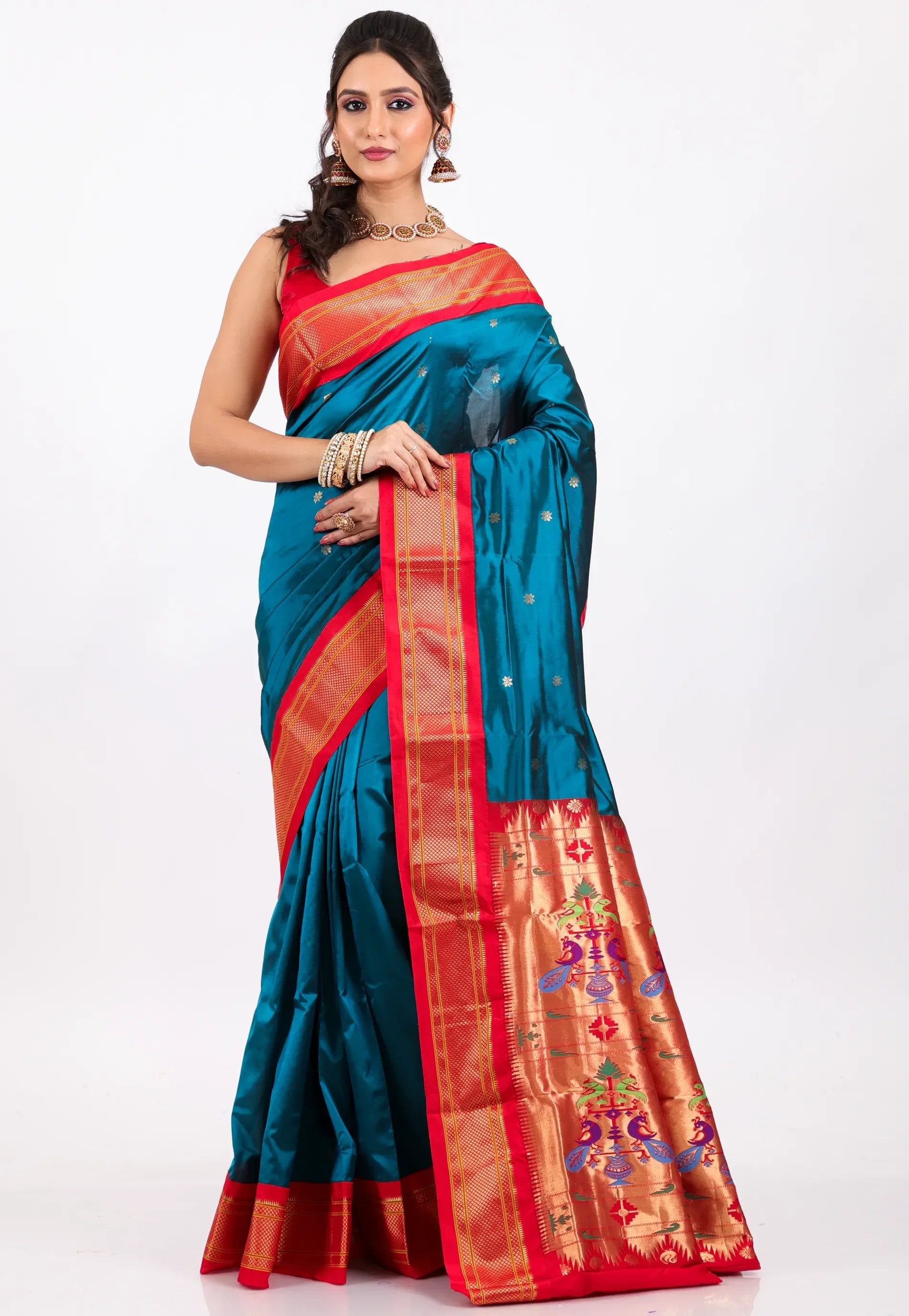 Peacock Blue with Red Border Pure Paithani Silk Saree With Blouse Piece - Adi Akshoy & Co.