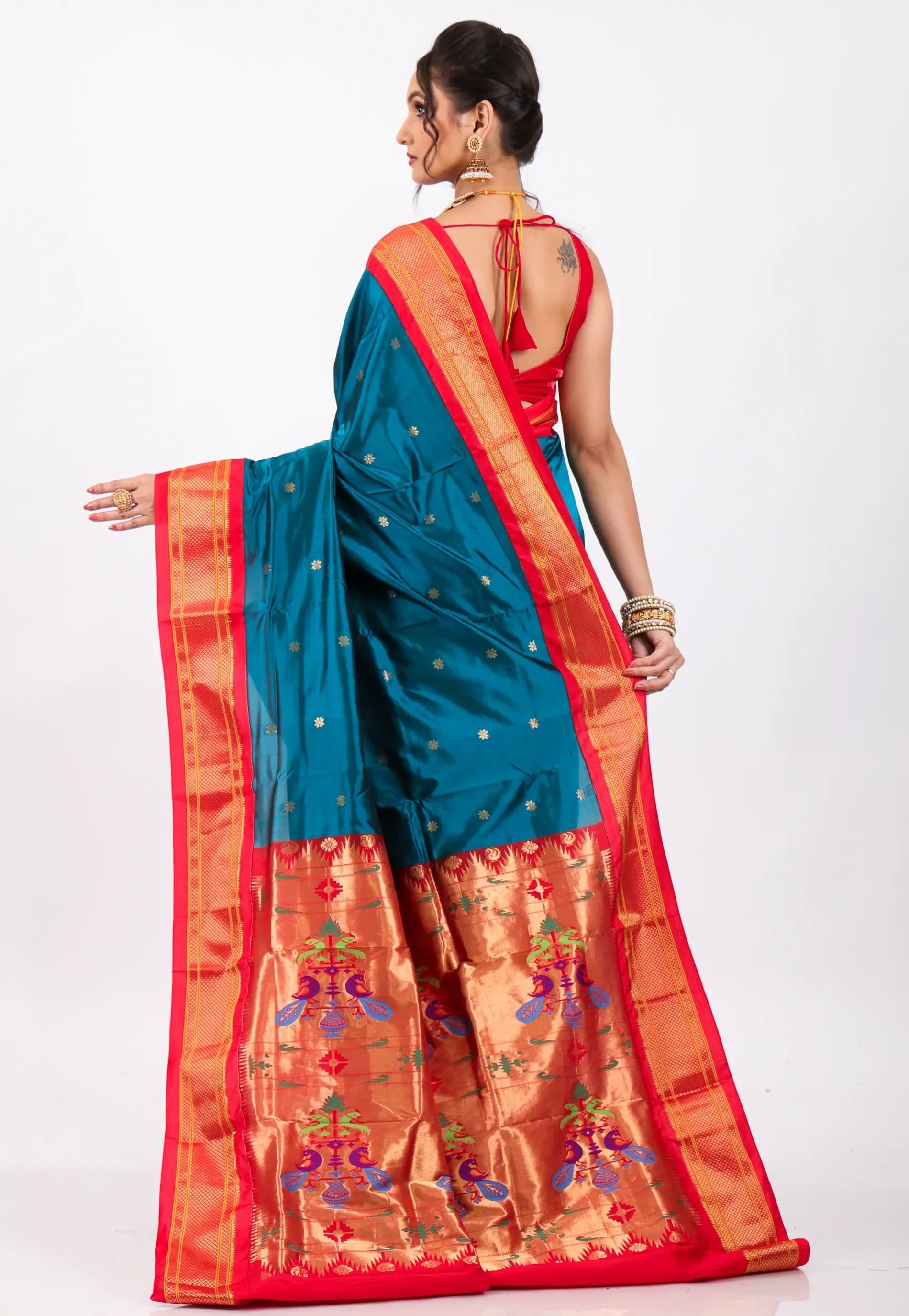 Peacock Blue with Red Border Pure Paithani Silk Saree With Blouse Piece - Adi Akshoy & Co.