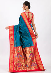 Peacock Blue with Red Border Pure Paithani Silk Saree With Blouse Piece - Adi Akshoy & Co.