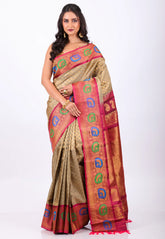 Golden Buti with Red Border Pure Gadwal Silk Saree With Blouse Piece - Adi Akshoy & Co.