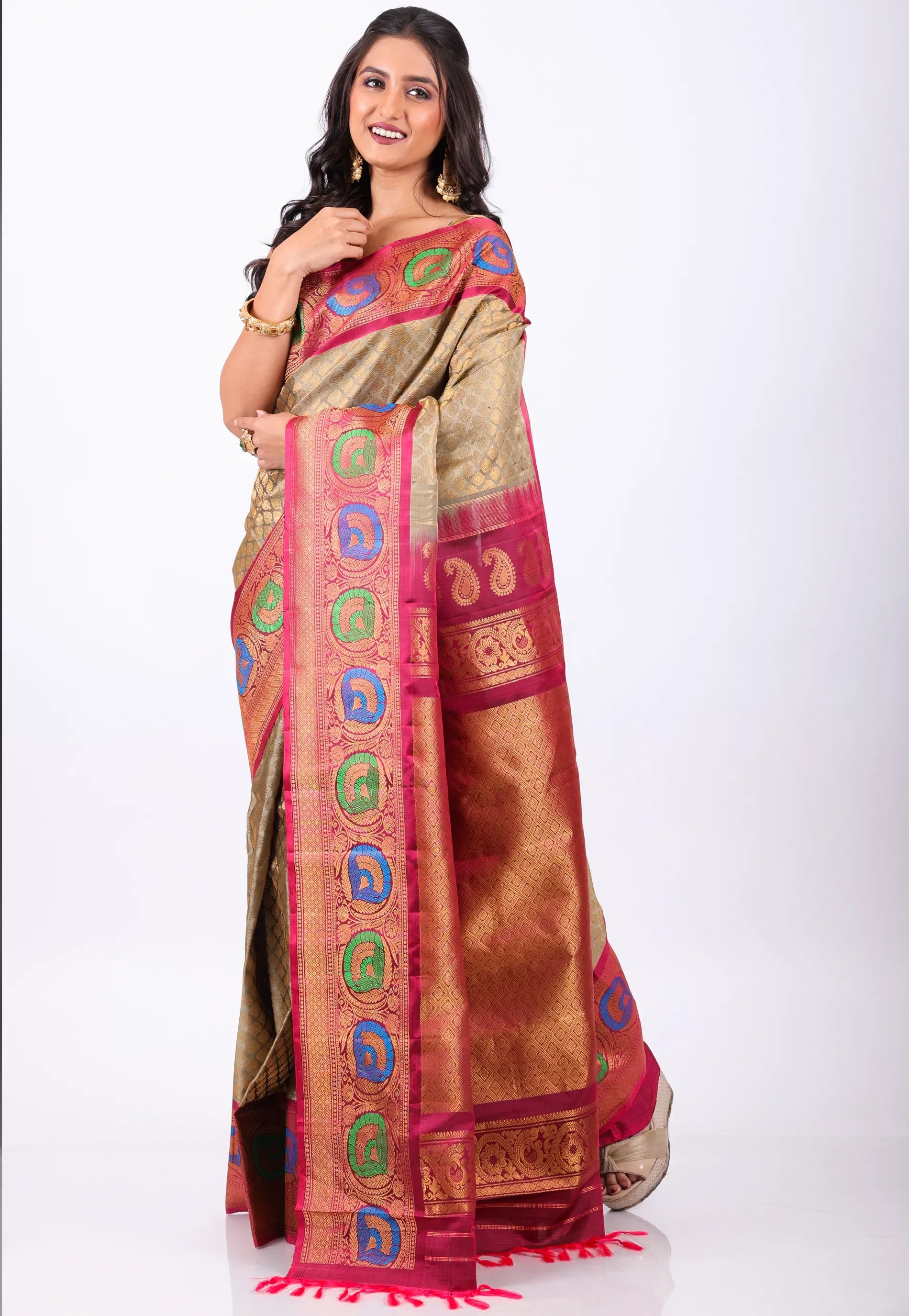 Golden Buti with Red Border Pure Gadwal Silk Saree With Blouse Piece - Adi Akshoy & Co.