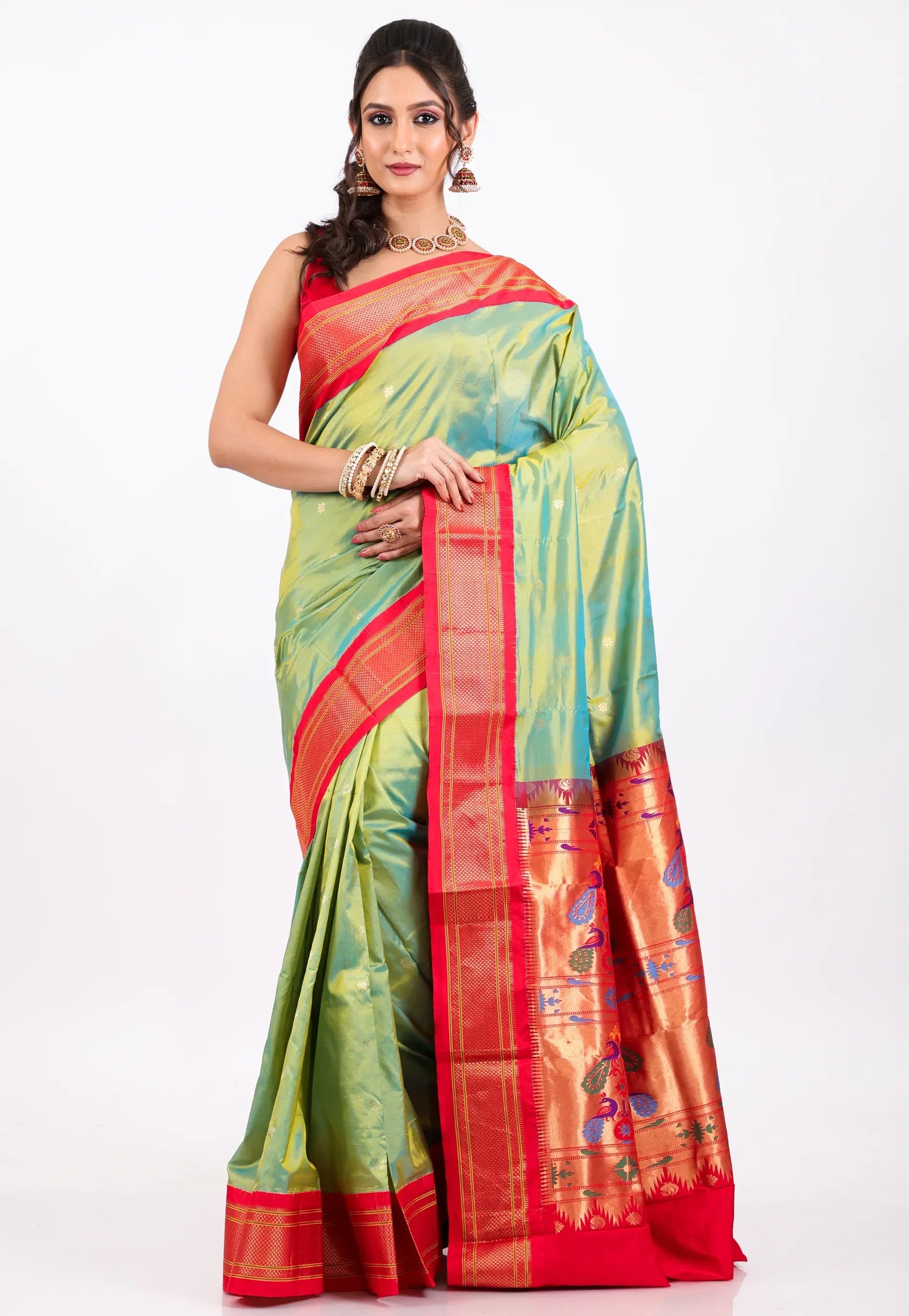 Cross Pesta Green with Red Border Pure Paithani Silk Saree With Blouse Piece - Adi Akshoy & Co.