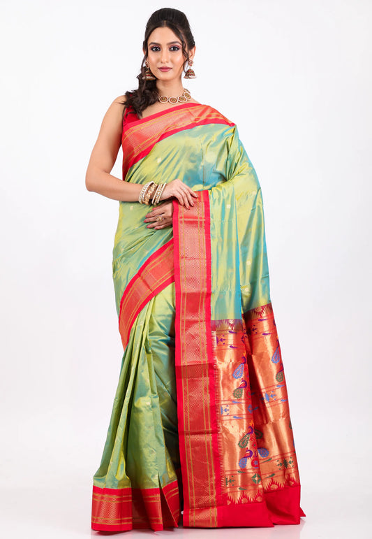 Cross Pesta Green with Red Border Pure Paithani Silk Saree With Blouse Piece - Adi Akshoy & Co.