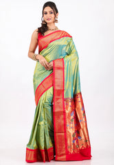 Cross Pesta Green with Red Border Pure Paithani Silk Saree With Blouse Piece - Adi Akshoy & Co.