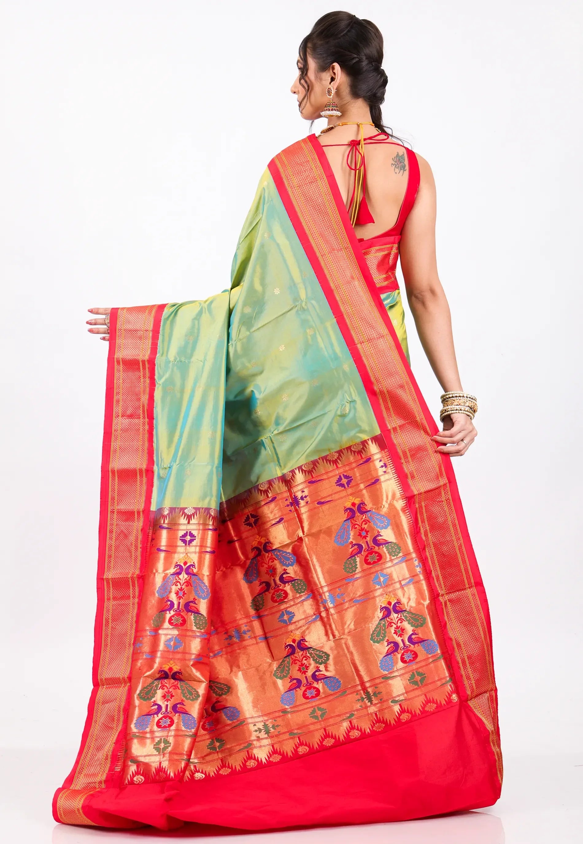 Cross Pesta Green with Red Border Pure Paithani Silk Saree With Blouse Piece - Adi Akshoy & Co.