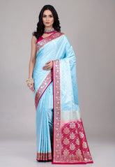 Sky Blue Pastel Banarasi Saree With Blouse Piece - Adi Akshoy & Co.