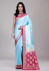 Sky Blue Pastel Banarasi Saree With Blouse Piece - Adi Akshoy & Co.