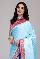 Sky Blue Pastel Banarasi Saree With Blouse Piece - Adi Akshoy & Co.