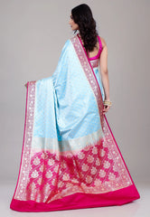 Sky Blue Pastel Banarasi Saree With Blouse Piece - Adi Akshoy & Co.