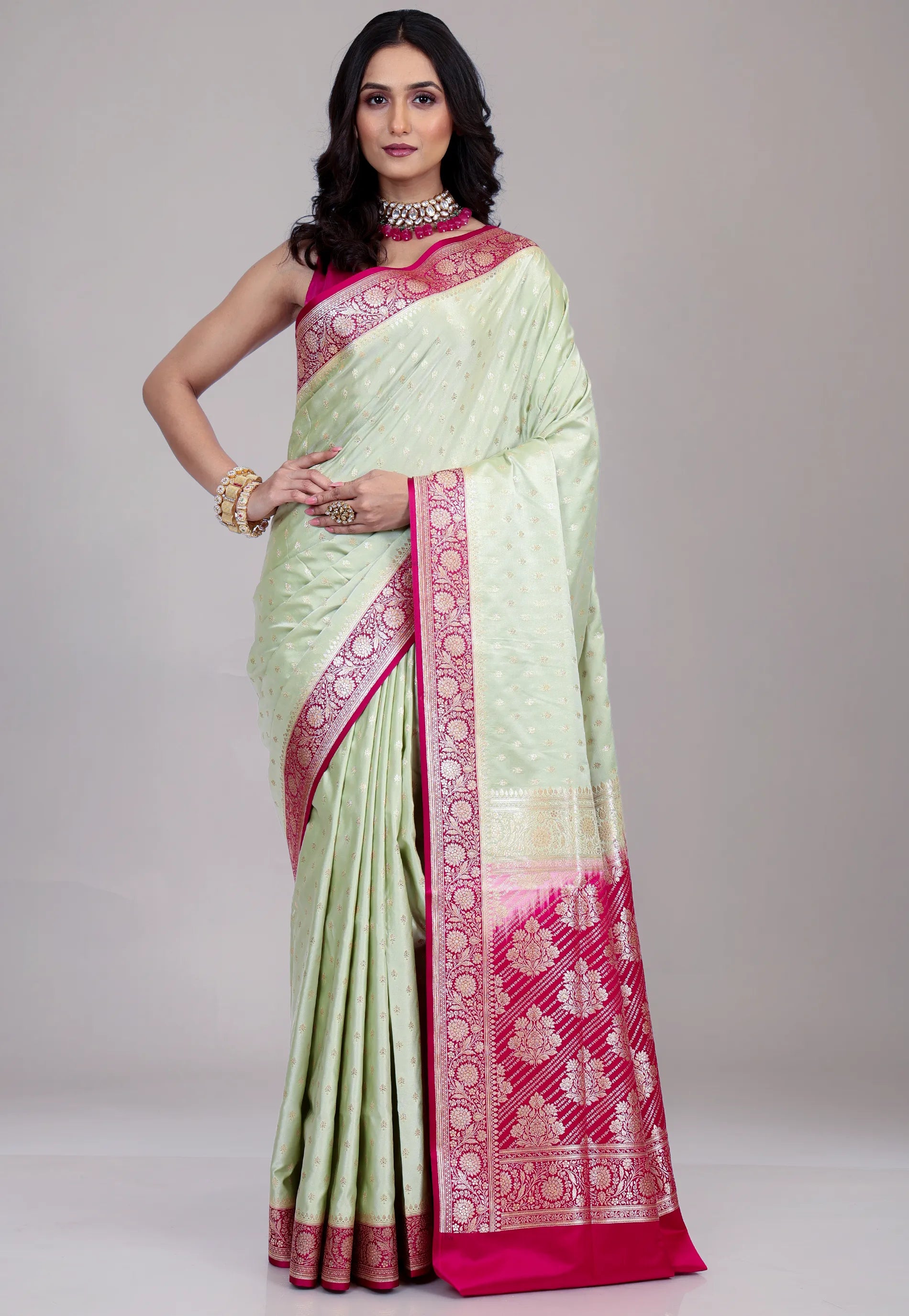 Mint Green Pastel Banarasi Saree With Blouse Piece - Adi Akshoy & Co.