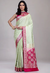 Mint Green Pastel Banarasi Saree With Blouse Piece - Adi Akshoy & Co.