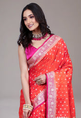 Orange-Red Pastel Banarasi Saree With Blouse Piece - Adi Akshoy & Co.
