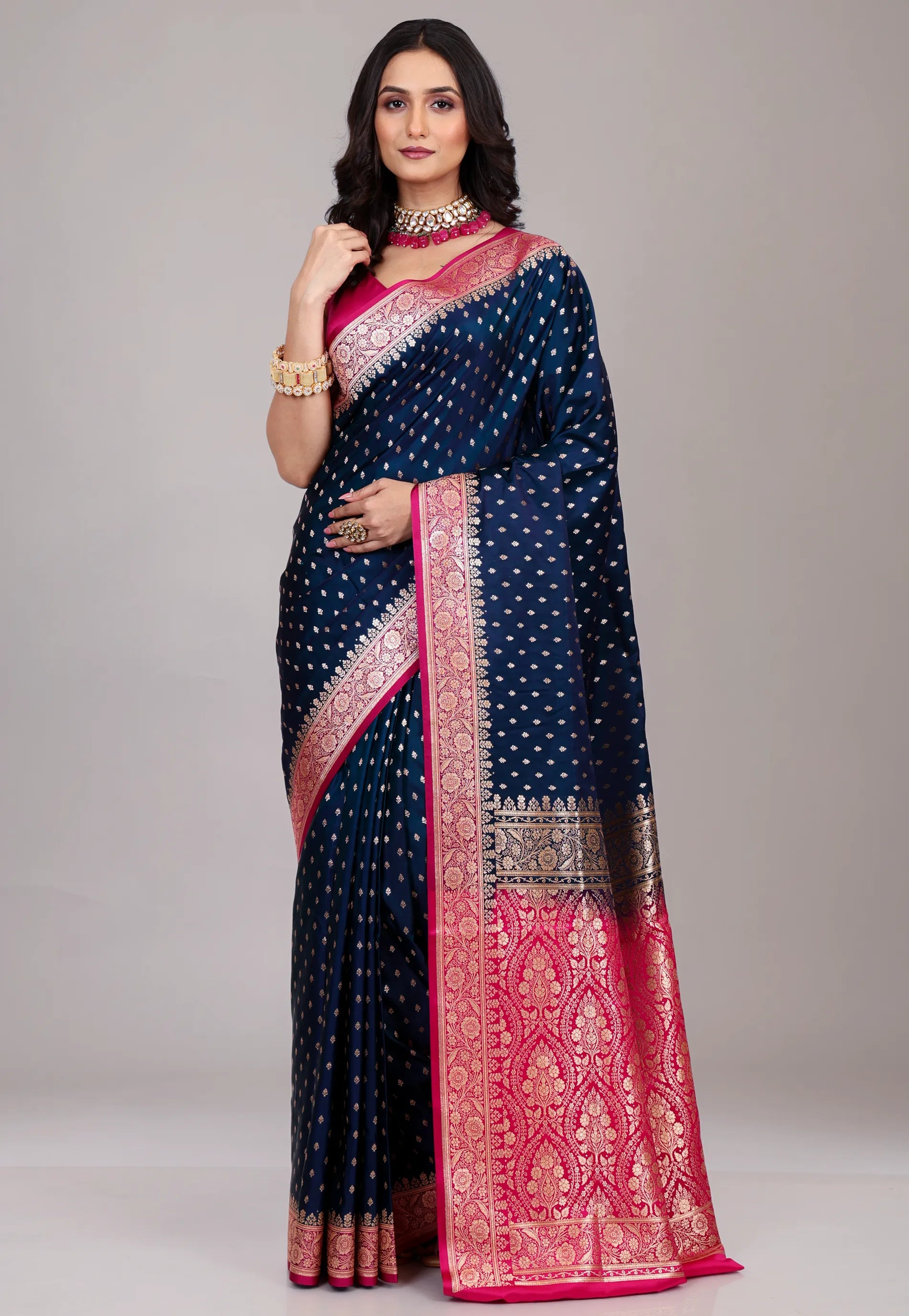 Deep Navy Blue Pastel Banarasi Saree With Blouse Piece - Adi Akshoy & Co.