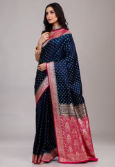Deep Navy Blue Pastel Banarasi Saree With Blouse Piece - Adi Akshoy & Co.
