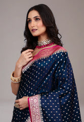Deep Navy Blue Pastel Banarasi Saree With Blouse Piece - Adi Akshoy & Co.