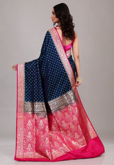 Deep Navy Blue Pastel Banarasi Saree With Blouse Piece - Adi Akshoy & Co.