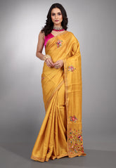 Mustard Yellow Kantha Silk Saree With Blouse Piece - Adi Akshoy & co.