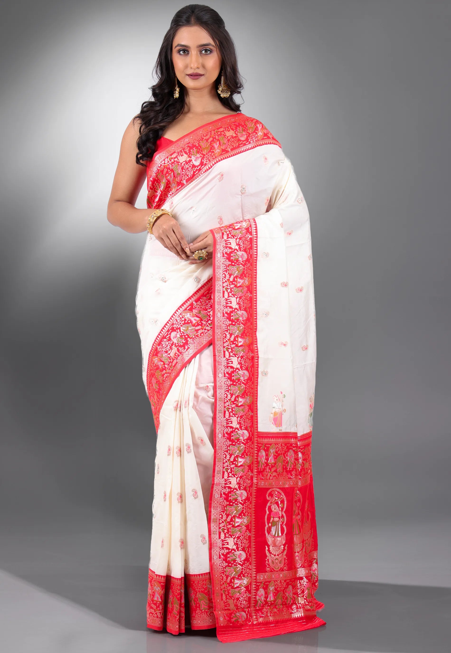 White with Red Border Baluchari Silk Saree with Blouse Piece - Adi Akshoy & Co.