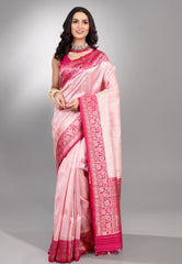 Pink with Rani Border Pure Tussar Silk Saree with Blouse Piece - Adi Akshoy & Co.