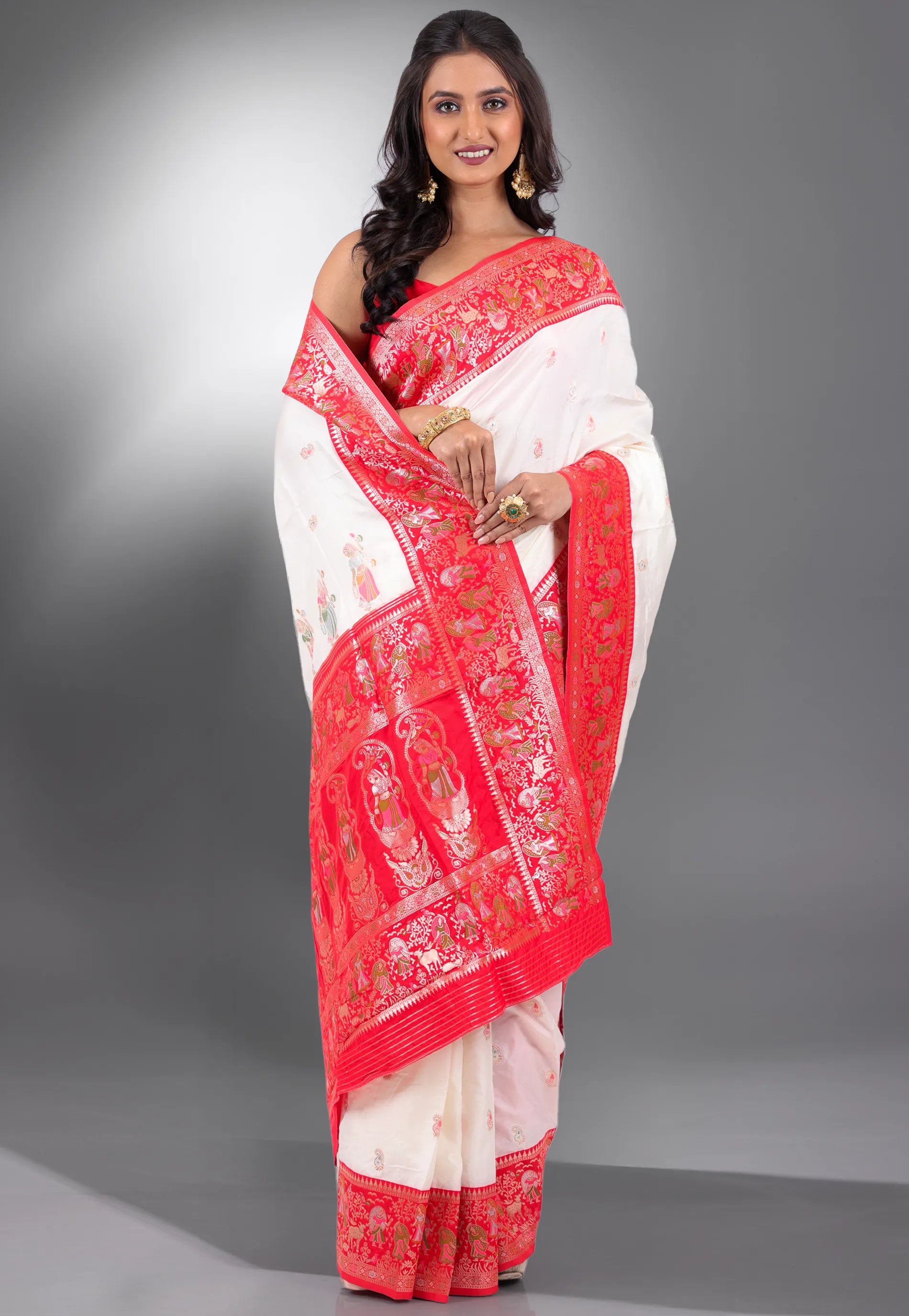 White with Red Border Baluchari Silk Saree with Blouse Piece - Adi Akshoy & Co.