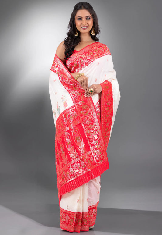 White with Red Border Baluchari Silk Saree with Blouse Piece - Adi Akshoy & Co.