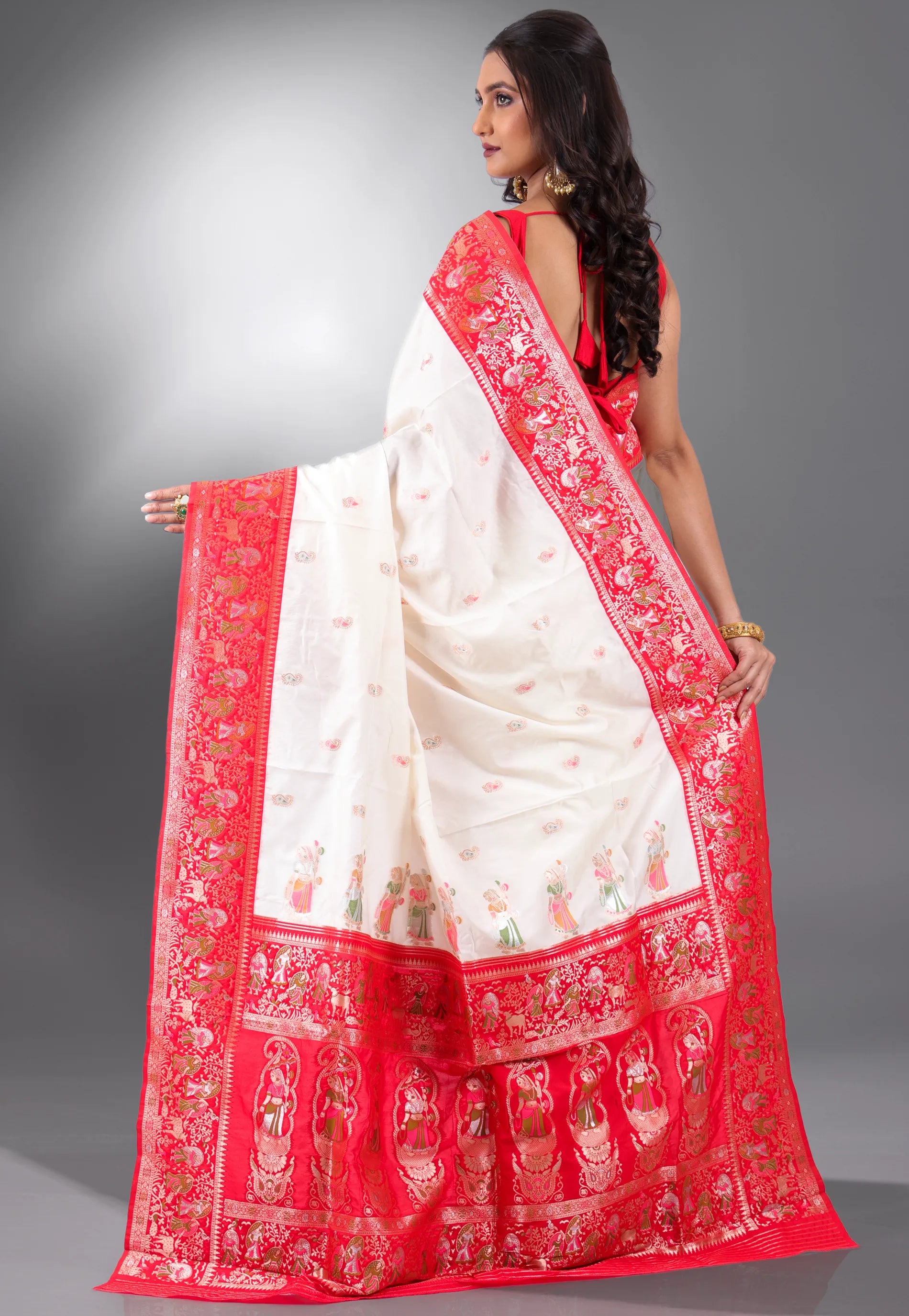 White with Red Border Baluchari Silk Saree with Blouse Piece - Adi Akshoy & Co.