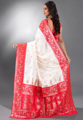 White with Red Border Baluchari Silk Saree with Blouse Piece - Adi Akshoy & Co.