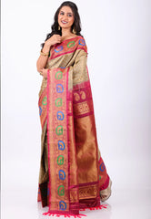 Golden Buti with Red Border Pure Gadwal Silk Saree With Blouse Piece - Adi Akshoy & Co.