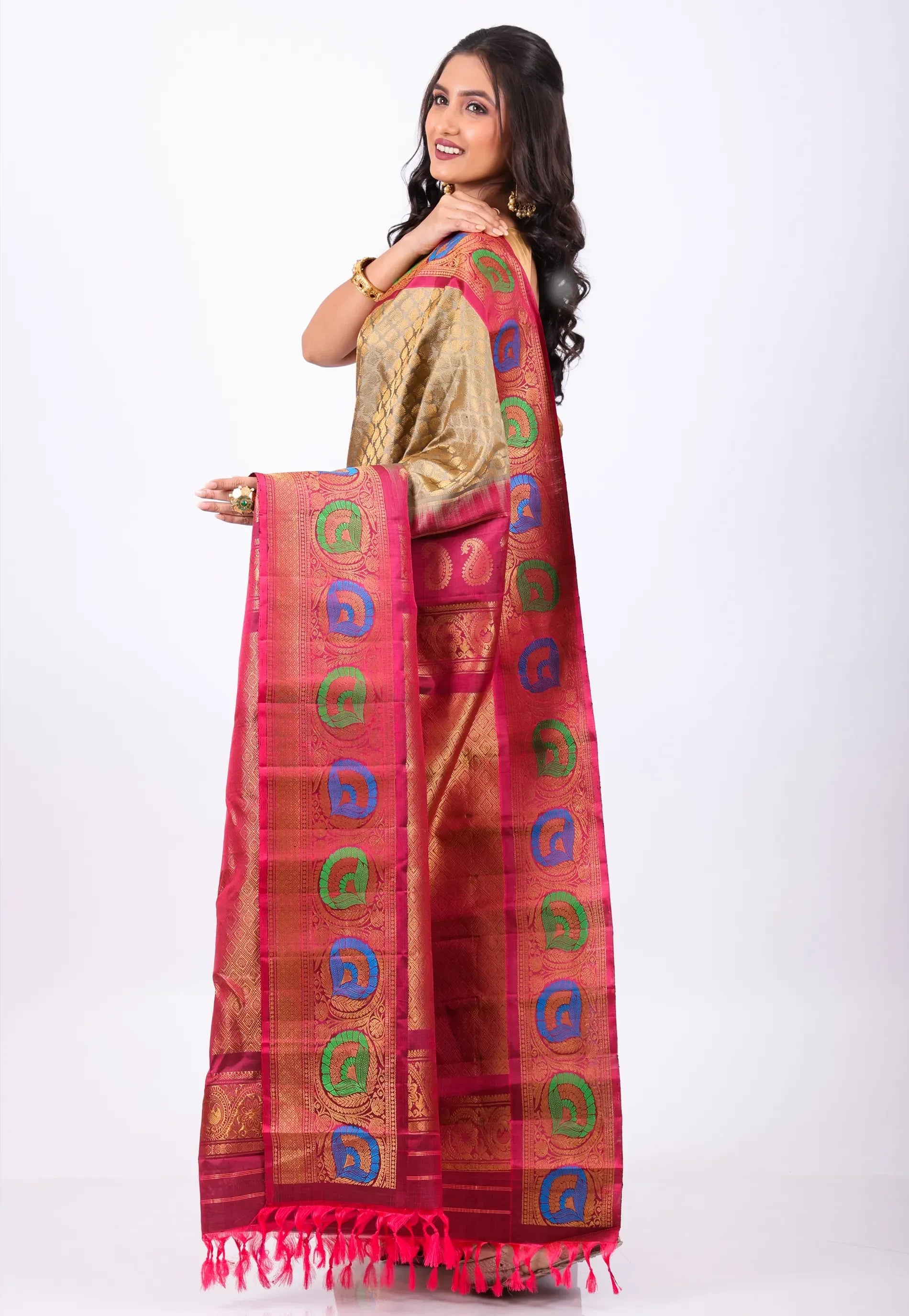 Golden Buti with Red Border Pure Gadwal Silk Saree With Blouse Piece - Adi Akshoy & Co.