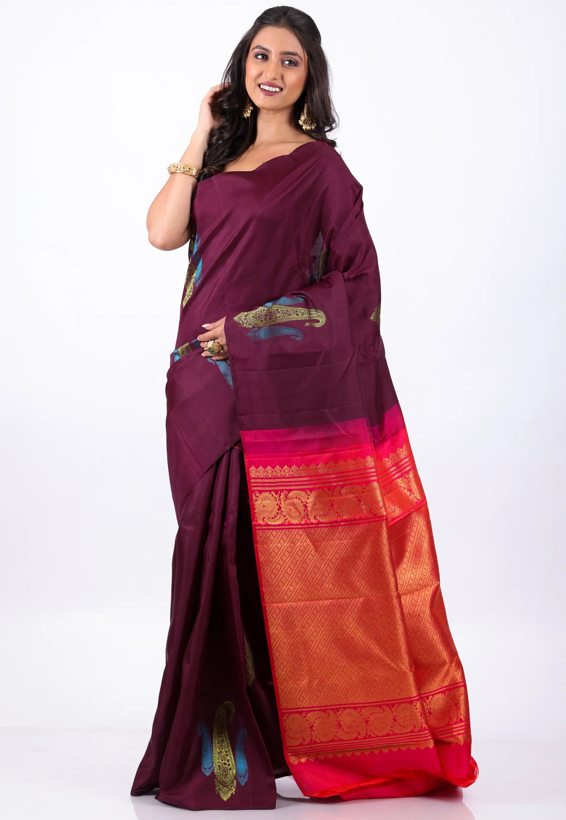 Maroon Pure Kanjivaram Silk Saree With Blouse Piece - Adi Akshoy & Co.