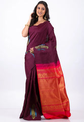 Maroon Pure Kanjivaram Silk Saree With Blouse Piece - Adi Akshoy & Co.