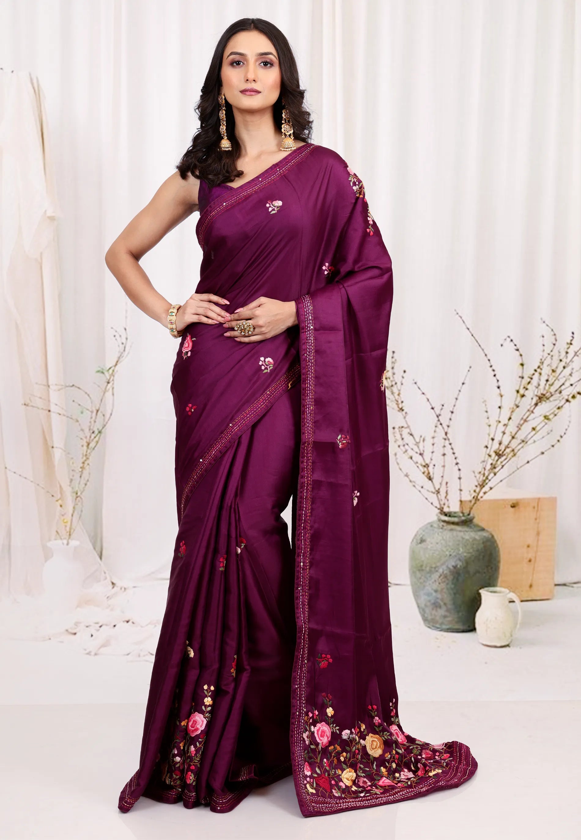 Magenta Kantha Silk Saree With Blouse Piece - Adi Akshoy & co.