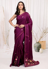Magenta Kantha Silk Saree With Blouse Piece - Adi Akshoy & co.