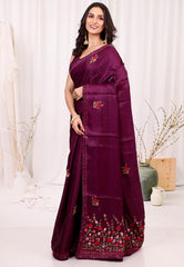 Magenta Kantha Silk Saree With Blouse Piece - Adi Akshoy & co.