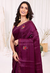Magenta Kantha Silk Saree With Blouse Piece - Adi Akshoy & co.