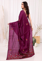Magenta Kantha Silk Saree With Blouse Piece - Adi Akshoy & co.