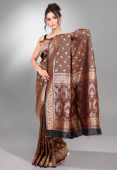 Black Kalamkari Kanjivaram Silk Saree with Blouse Piece - Adi Akshoy & Co.