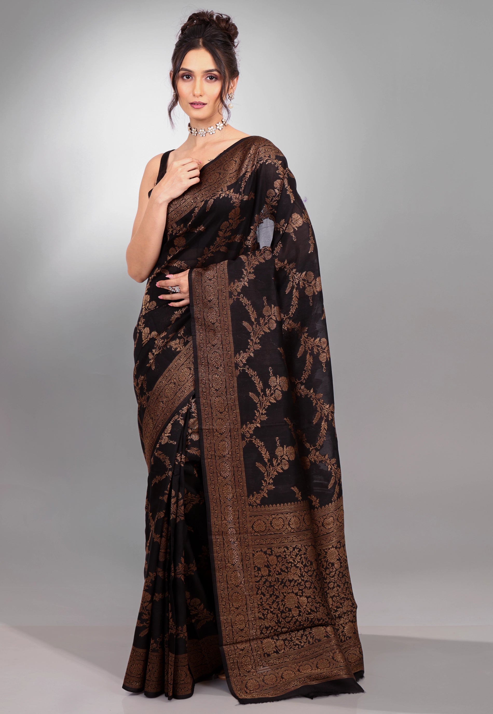 Black Tussar Silk Saree with Blouse Piece - Adi Akshoy & Co.