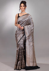 Black Shikargah Katan Silk Saree With Blouse Piece - Adi Akshoy & Co.