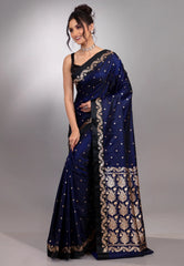 Navy Blue Mashru Silk Saree with Blouse Piece - Adi Akshoy & Co.