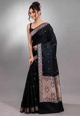 Black Mashru Silk Saree with Blouse Piece - Adi Akshoy & Co.