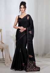 Black Kantha Silk Saree With Blouse Piece - Adi Akshoy & co.