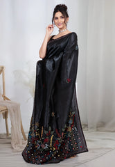 Black Crush Tissue Kantha Silk Saree With Blouse Piece - Adi Akshoy & co.