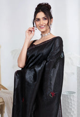 Black Crush Tissue Kantha Silk Saree With Blouse Piece - Adi Akshoy & co.