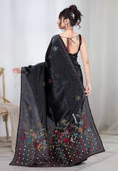 Black Crush Tissue Kantha Silk Saree With Blouse Piece - Adi Akshoy & co.