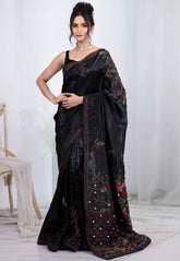 Black Crush Tissue Kantha Silk Saree With Blouse Piece - Adi Akshoy & co.